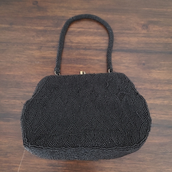 VTG Bloomingdale's Art Deco Black Beaded Kissing Clasp Mini Evening Handbag - Picture 4 of 12